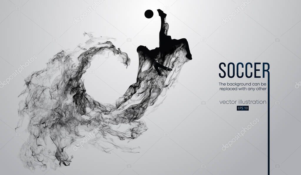 Abstract silhouette of a football player on the white background from particles. Soccer player running jumping with ball. World and european league. Background can be changed to any other. Vector