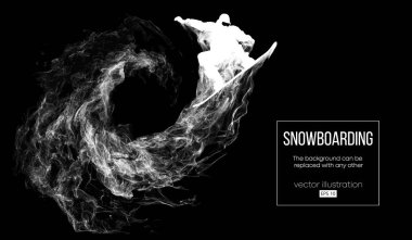 Abstract silhouette of a snowboarder jumping isolated on dark, black background from particles. Snowboarder jumping and performs a trick. Background can be changed to any other. Vector illustration