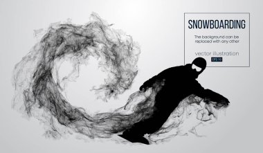 Saçılan beyaz arka plan üzerinde izole soyut silüeti atlama bir snowboard. Atlama snowboard ve bir numara gerçekleştirir. Arka plan için herhangi bir diğer değiştirilebilir. Vektör çizim