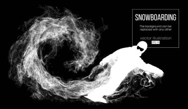 Abstract silhouette of a snowboarder jumping isolated on dark, black background from particles. Snowboarder jumping and performs a trick. Background can be changed to any other. Vector illustration