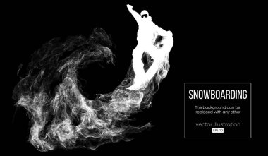 Abstract silhouette of a snowboarder jumping isolated on dark, black background from particles. Snowboarder jumping and performs a trick. Background can be changed to any other. Vector illustration
