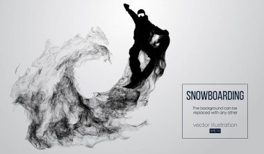 Saçılan beyaz arka plan üzerinde izole soyut silüeti atlama bir snowboard. Atlama snowboard ve bir numara gerçekleştirir. Arka plan için herhangi bir diğer değiştirilebilir. Vektör çizim