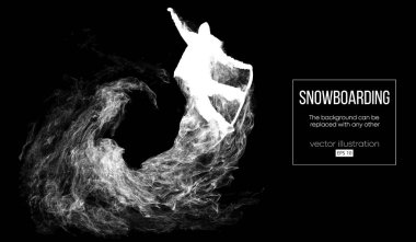 Abstract silhouette of a snowboarder jumping isolated on dark, black background from particles. Snowboarder jumping and performs a trick. Background can be changed to any other. Vector illustration