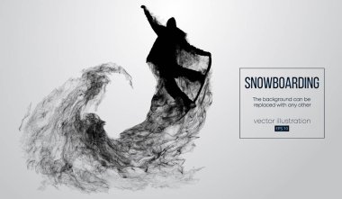 Saçılan beyaz arka plan üzerinde izole soyut silüeti atlama bir snowboard. Atlama snowboard ve bir numara gerçekleştirir. Arka plan için herhangi bir diğer değiştirilebilir. Vektör çizim