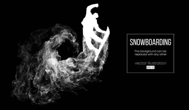 Abstract silhouette of a snowboarder jumping isolated on dark, black background from particles. Snowboarder jumping and performs a trick. Background can be changed to any other. Vector illustration