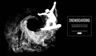 Abstract silhouette of a snowboarder jumping isolated on dark, black background from particles. Snowboarder jumping and performs a trick. Background can be changed to any other. Vector illustration