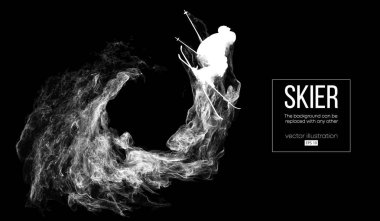 Parçacıklar, toz, duman, buhar koyu, siyah arka plan üzerinde izole bir kayakçı soyut silüeti. Atlama kayakçı ve bir numara gerçekleştirir. Arka plan için herhangi bir diğer değiştirilebilir. Vektör çizim