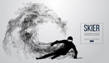 Saçılan, toz, duman, buhar beyaz arka plan üzerinde izole bir kayakçı soyut silüeti. Oyma kayakçı ve bir numara gerçekleştirir. Arka plan için herhangi bir diğer değiştirilebilir. Vektör çizim