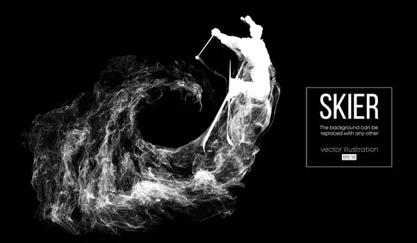 Abstract silhouette of a skier isolated on dark, black background from particles, dust, smoke, steam. Skier jumping and performs a trick. Background can be changed to any other. Vector illustration — Διανυσματικό Αρχείο