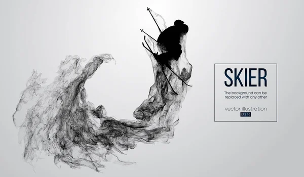 Silhueta abstrata de um esquiador isolado em fundo branco de partículas, poeira, fumaça, vapor. Esquiador pulando e executa um truque. Antecedentes podem ser alterados para qualquer outro. Ilustração vetorial — Vetor de Stock