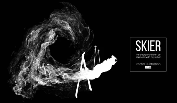 Abstract silhouette of a skier isolated on dark, black background from particles, dust, smoke, steam. Skier jumping and performs a trick. Background can be changed to any other. Vector illustration — Stock Vector