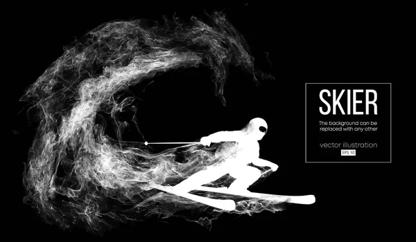 Bir kayakçı saçılan, toz, duman, buhar koyu, siyah arka plan üzerinde soyut silüeti. Oyma kayakçı ve bir numara gerçekleştirir. Arka plan için herhangi bir diğer değiştirilebilir. Vektör çizim