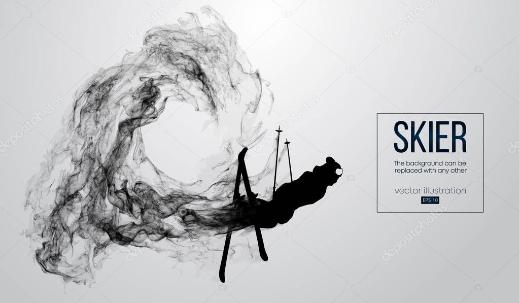 Abstract silhouette of a skier isolated on white background from particles, dust, smoke, steam. Skier jumping and performs a trick. Background can be changed to any other. Vector illustration