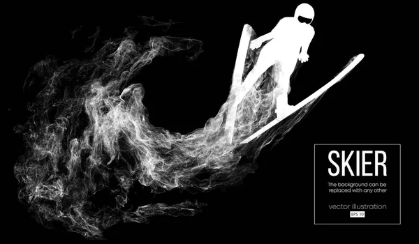 Abstract silhouette of a skier isolated on dark, black background from particles, dust, smoke, steam. Skier jumping and performs a trick. Background can be changed to any other. Vector illustration — Stock Vector