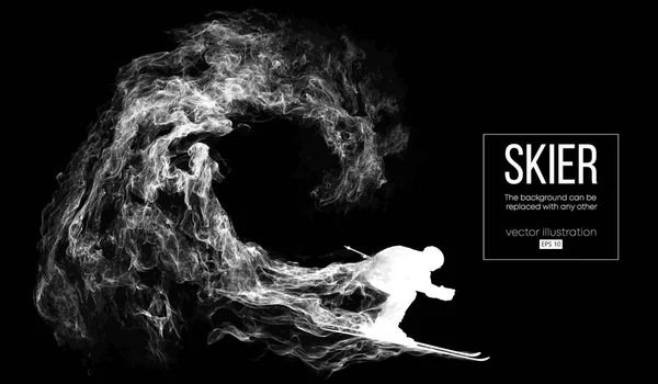 Abstract silhouette of a skier on dark, black background from particles, dust, smoke, steam. Skier carving and performs a trick. Background can be changed to any other. Vector illustration — Stock Vector