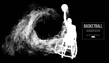 Koyu siyah arka plan saçılan, toz, duman, buhar devre dışı bırakılmış bir basketbol oyuncusu soyut silüeti. Basketbol oyuncusu gerçekleştiren bir topu at. Arka plan için herhangi bir diğer değiştirilebilir. Vektör
