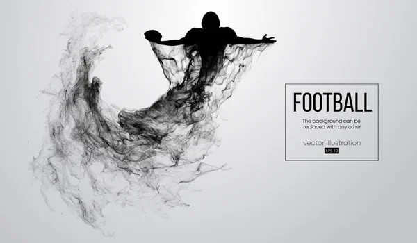 Abstract silhouette of a american football player on white background from particles, dust, smoke, steam. Football player holds ball, winner. Rugby. Background can be changed to any other. Vector