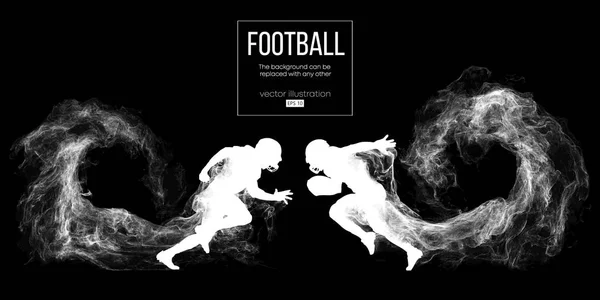 Abstrakta silhuetten av en amerikansk fotbollsspelare på mörk svart bakgrund från partiklar, damm, rök, ånga. Fotbollsspelare som kör med bollen. Rugby. Bakgrunden kan ändras till någon annan. Vektor — Stock vektor