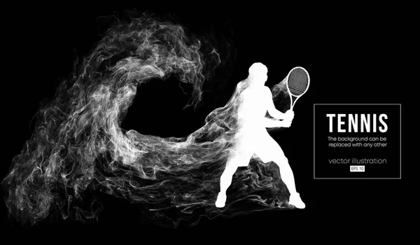 Silhouette astratta di un tennista uomo maschio isolato su sfondo nero scuro da particelle di polvere, fumo. Il tennista colpisce la palla. Lo sfondo può essere cambiato in qualsiasi altro. Illustrazione vettoriale — Vettoriale Stock