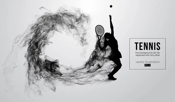 Abstrakte Silhouette einer Tennisspielerin, die auf weißem Hintergrund von Staubpartikeln und Rauch isoliert ist. Tennisspieler trifft den Ball. Hintergrund kann zu jedem anderen geändert werden. Vektorillustration — Stockvektor
