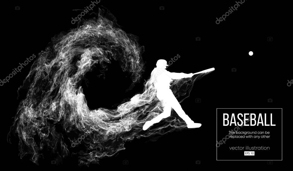 Abstract silhouette of a baseball player batter on dart black background from particles, dust, smoke. Baseball player batter hits the ball . Background can be changed to any other. Vector illustration