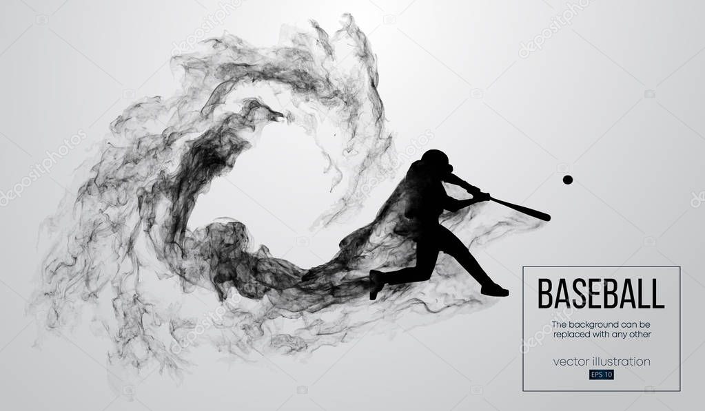 Abstract silhouette of a baseball player batter on white background from particles, dust, smoke. Baseball player batter hits the ball . Background can be changed to any other. Vector illustration