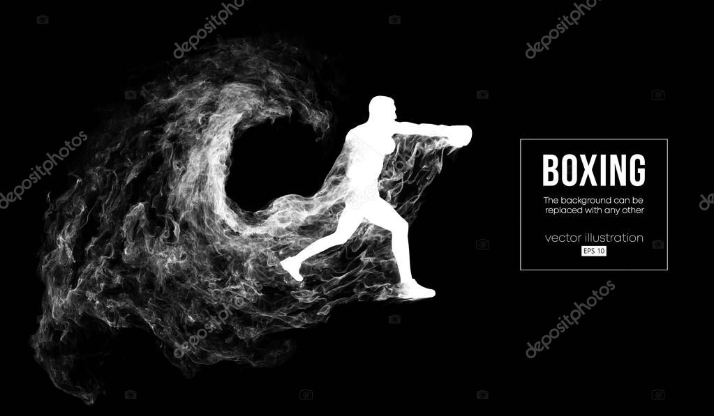 Abstract silhouette of a boxer, mma, ufc fighter on the dark, black background from particles, dust, smoke, steam. Boxer is winner. Background can be changed to any other. Vector illustration
