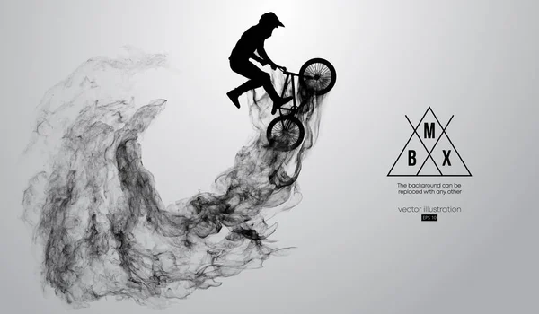 Silhueta abstrata de um cavaleiro bmx no fundo branco a partir de partículas, poeira. Bmx piloto salta e executa o truque . — Vetor de Stock