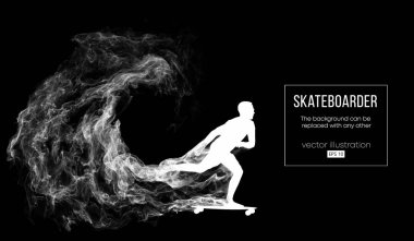 Parçacıklar, toz, duman koyu siyah arka plan üzerine bir kaykaycı soyut silüeti. Kaykaycı atlar ve hile yapar. Arka plan için herhangi bir diğer değiştirilebilir. Vektör çizim
