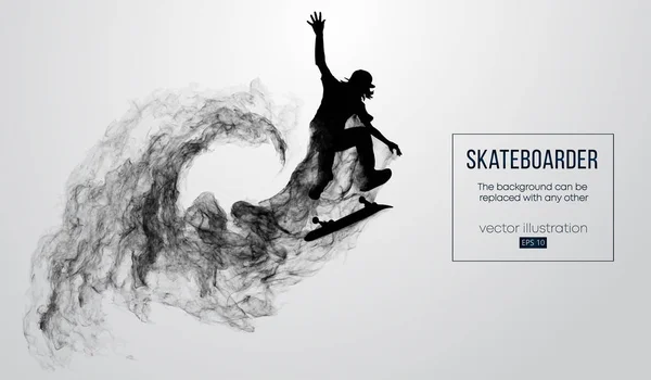 Abstrakte Silhouette eines Skateboarders auf weißem Hintergrund aus Partikeln, Staub, Rauch, Dampf. Skateboarder springt und vollführt den Trick. Hintergrund kann zu jedem anderen geändert werden. Vektorillustration — Stockvektor