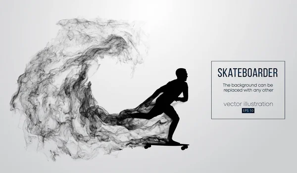 Abstrakte Silhouette eines Skateboarders auf weißem Hintergrund aus Partikeln, Staub, Rauch, Dampf. Skateboarder springt und vollführt den Trick. Hintergrund kann zu jedem anderen geändert werden. Vektorillustration — Stockvektor