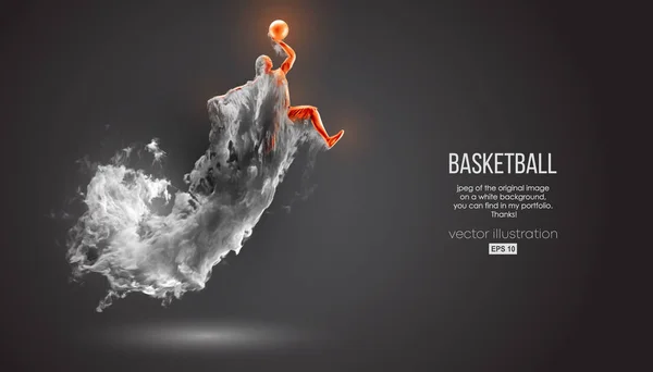 Silueta abstracta de un jugador de baloncesto sobre fondo negro oscuro de polvo, humo, vapor. Jugador de baloncesto saltando y realiza slam dunk. Ilustración vectorial — Archivo Imágenes Vectoriales