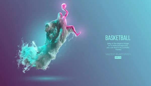 Silueta abstracta de un jugador de baloncesto sobre fondo rosa y verde de polvo, humo, vapor. Jugador de baloncesto saltando y realiza slam dunk. Ilustración vectorial — Archivo Imágenes Vectoriales