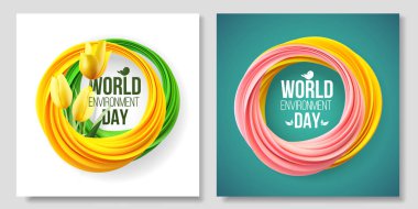 Dünya Çevre Günü kartı, beyaz ve yeşil arkaplanda çiçekler, sarı laleler ve yapraklar. Soyut şekiller. Renkli mercan. 5 Haziran. Ekoloji, biyoloji, doğa. Vektör illüstrasyonu