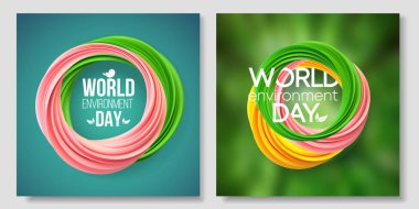 Dünya Çevre Günü kartı, yeşil arka planda afiş. Soyut sarı, yeşil, yaşayan mercan renkleri. 5 Haziran. Ekoloji, biyoloji, doğa. Vektör illüstrasyonu