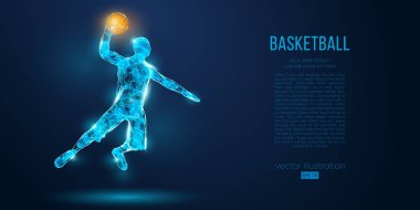 Mavi arka plan üzerinde parçacıklar, çizgiler ve üçgenler soyut basketbol oyuncusu. Ayrı bir katmandaki tüm öğeler, renk başka bir şekilde değiştirilebilir. Düşük poli neon tel anahat geometrik vektör