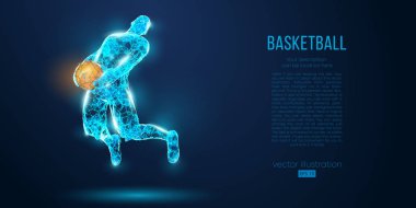 Mavi arka plan üzerinde parçacıklar, çizgiler ve üçgenler soyut basketbol oyuncusu. Ayrı bir katmandaki tüm öğeler, renk başka bir şekilde değiştirilebilir. Düşük poli neon tel anahat geometrik vektör