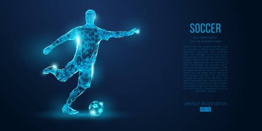 Soyut futbolcu, mavi arka plan üzerinde parçacıklar gelen futbolcu. Ayrı bir katmandaki tüm öğeler, renk başka bir şekilde değiştirilebilir. Düşük poli neon tel anahat geometrik futbolcu. Vektör