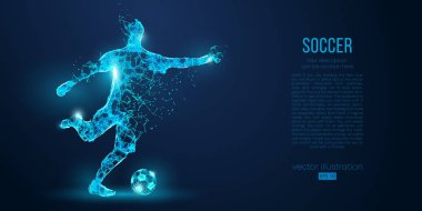 Soyut futbolcu, mavi arka plan üzerinde parçacıklar gelen futbolcu. Ayrı bir katmandaki tüm öğeler, renk başka bir şekilde değiştirilebilir. Düşük poli neon tel anahat geometrik futbolcu. Vektör