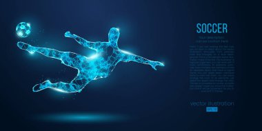 Soyut futbolcu, mavi arka plan üzerinde parçacıklar gelen futbolcu. Ayrı bir katmandaki tüm öğeler, renk başka bir şekilde değiştirilebilir. Düşük poli neon tel anahat geometrik futbolcu. Vektör