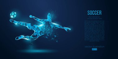 Soyut futbolcu, mavi arka plan üzerinde parçacıklar gelen futbolcu. Ayrı bir katmandaki tüm öğeler, renk başka bir şekilde değiştirilebilir. Düşük poli neon tel anahat geometrik futbolcu. Vektör