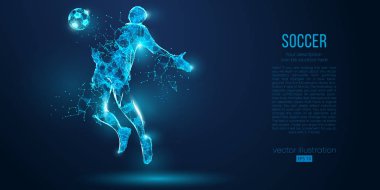 Soyut futbolcu, mavi arka plan üzerinde parçacıklar gelen futbolcu. Ayrı bir katmandaki tüm öğeler, renk başka bir şekilde değiştirilebilir. Düşük poli neon tel anahat geometrik futbolcu. Vektör
