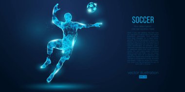 Soyut futbolcu, mavi arka plan üzerinde parçacıklar gelen futbolcu. Ayrı bir katmandaki tüm öğeler, renk başka bir şekilde değiştirilebilir. Düşük poli neon tel anahat geometrik futbolcu. Vektör