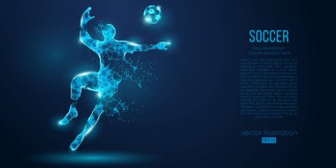 Soyut futbolcu, mavi arka plan üzerinde parçacıklar gelen futbolcu. Ayrı bir katmandaki tüm öğeler, renk başka bir şekilde değiştirilebilir. Düşük poli neon tel anahat geometrik futbolcu. Vektör