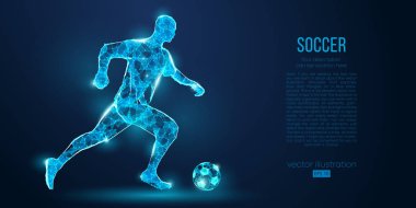 Soyut futbolcu, mavi arka plan üzerinde parçacıklar gelen futbolcu. Ayrı bir katmandaki tüm öğeler, renk başka bir şekilde değiştirilebilir. Düşük poli neon tel anahat geometrik futbolcu. Vektör