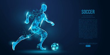 Soyut futbolcu, mavi arka plan üzerinde parçacıklar gelen futbolcu. Ayrı bir katmandaki tüm öğeler, renk başka bir şekilde değiştirilebilir. Düşük poli neon tel anahat geometrik futbolcu. Vektör