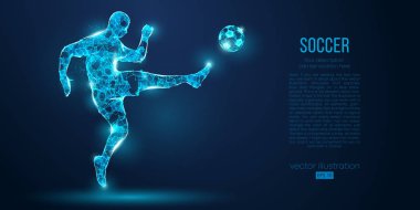 Soyut futbolcu, mavi arka plan üzerinde parçacıklar gelen futbolcu. Ayrı bir katmandaki tüm öğeler, renk başka bir şekilde değiştirilebilir. Düşük poli neon tel anahat geometrik futbolcu. Vektör