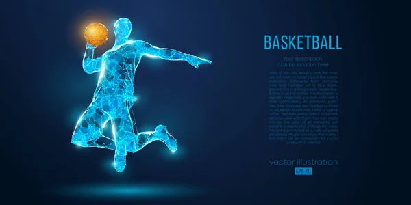 Αφηρημένη παίκτης μπάσκετ από σωματίδια, γραμμές και τρίγωνα σε μπλε φόντο. Όλα τα στοιχεία σε ξεχωριστές στρώσεις, το χρώμα μπορεί να αλλάξει σε οποιοδήποτε άλλο. Χαμηλή πολυ νέον καλώδιο περίγραμμα γεωμετρικό διάνυσμα — Διανυσματικό Αρχείο