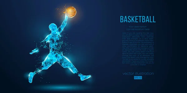 Jugador de baloncesto abstracto de partículas, líneas y triángulos sobre fondo azul. Todos los elementos en capas separadas, el color se puede cambiar a cualquier otro. Baja poli neón alambre contorno vector geométrico — Archivo Imágenes Vectoriales