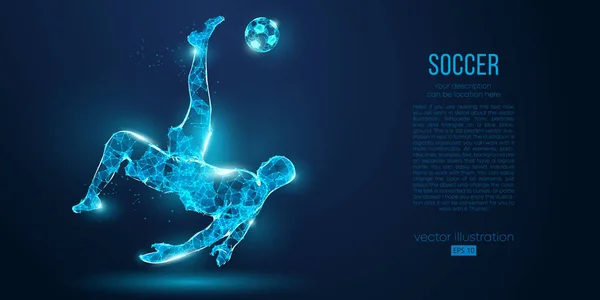 Abstract soccer player, footballer from particles on blue background. All elements on a separate layers, color can be changed to any other. Low poly neon wire outline geometric football player. Vector — Stock Vector